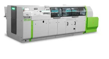 Modern white and green automatic PUR glue binder machine, showing its sleek design and multiple clamps.