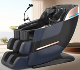 JDSVCT-Z64 compact massage chair in a modern living room, dark blue and black with rose gold accents, phone holder visible.