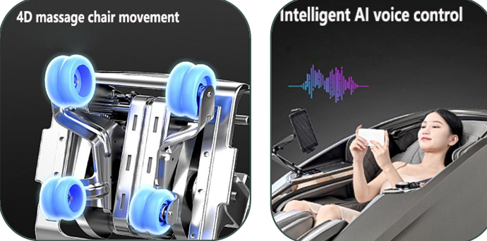Close-up of the 4D massage chair movement mechanism with blue rollers and a split image showing AI voice control interface.