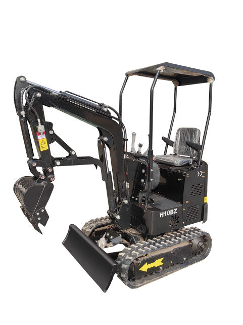 Black JDSHT10BZ mini excavator with front blade and bucket on white background