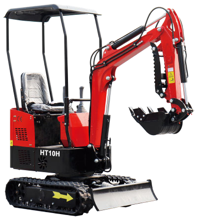 Red and black JDSHT10H mini excavator with a canopy, bucket, and tracks, ready for use on a job site.