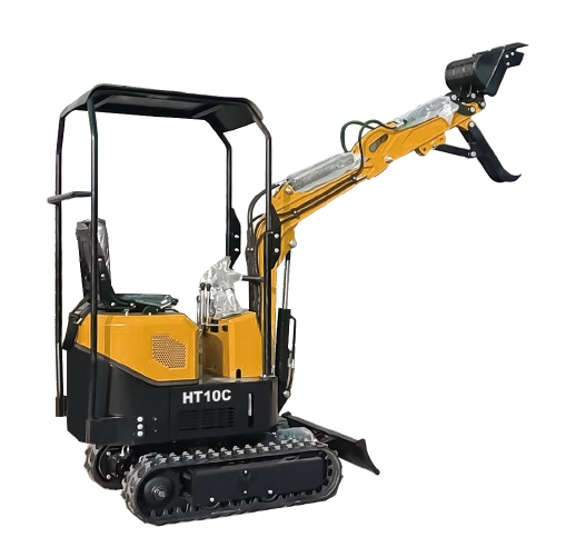 JDSHT10C mini excavator with a grapple attachment, yellow and black, ready for work.