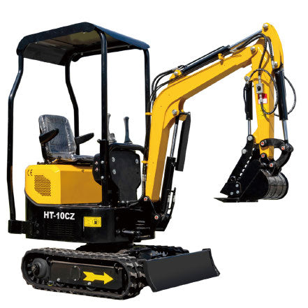 JDSHT10CZ mini excavator, yellow and black, with canopy, on a white background.