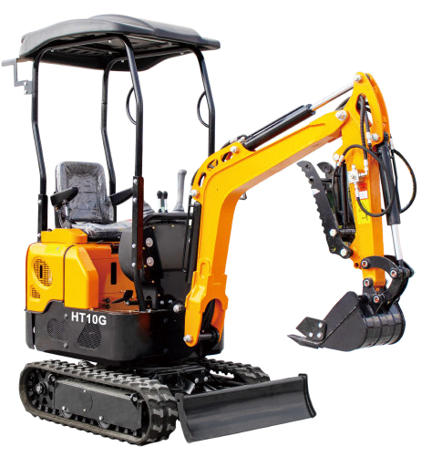 Bright yellow JDSHT10G mini excavator with black tracks and canopy, isolated on white background.