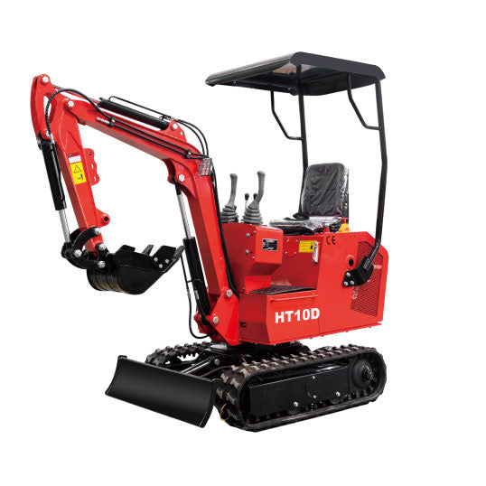 Red JDSHT10D mini excavator with black canopy, front-left view, isolated on white background.