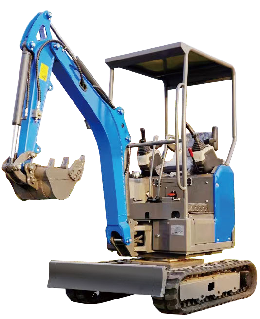 Blue JDSHT20-5 mini excavator with front blade and tracks, isolated on white background.
