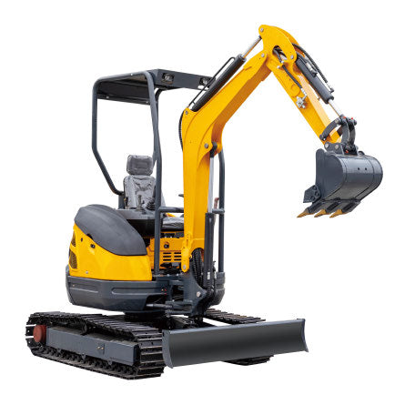 Bright yellow JDSHT25-2 mini excavator with an open cab and front blade, isolated on white background.