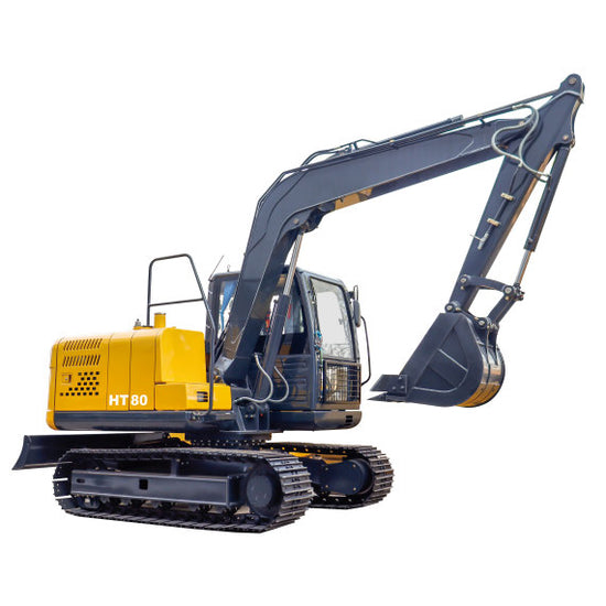 JDSHT80 mobility wheel excavator with yellow body and dark grey arm and bucket, isolated on white background