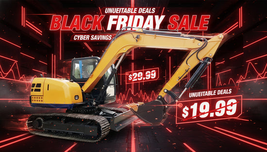 Bright yellow JDSHT90 Ultra crawler excavator on a dark, futuristic background with red neon lines.