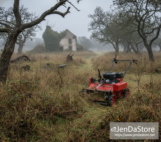 Red remote control lawn mower parked in a misty, overgrown field with an old stone house and trees in the background, showcas