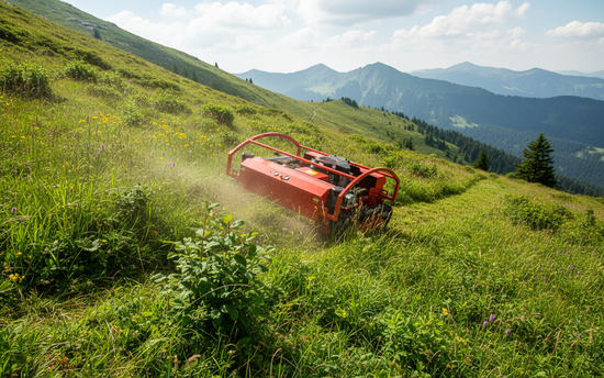 Red remote control crawler lawn mower cutting grass on a steep green mountain slope under a clear sky.