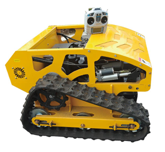 Bright yellow JDSY9-550 crawler smart mower with remote control unit on top, viewed from the side against a white background.