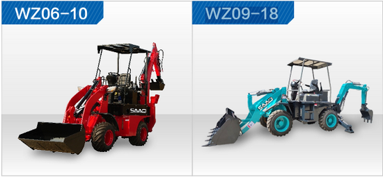 Red JenDaStore WZ06-10 compact backhoe loader with front bucket and rear excavator arm.