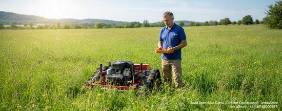 Man in blue polo shirt remotely controlling a hybrid crawler smart mower in a large, sunny green field with trees in the back