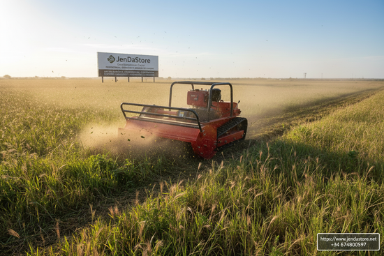 Red JDSY10 crawler smart mower cutting tall grass in a field under a clear sky, with a JenDaStore billboard in the background