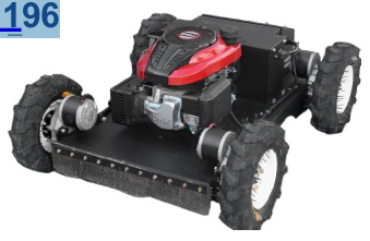 4x4 hybrid remote control flail mower with red engine, black chassis, and rugged tires on a white background.