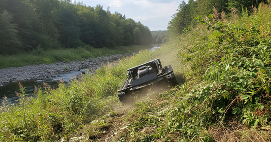 JDS SRD500-90A remote-controlled brush cutter climbing a steep, overgrown riverbank.