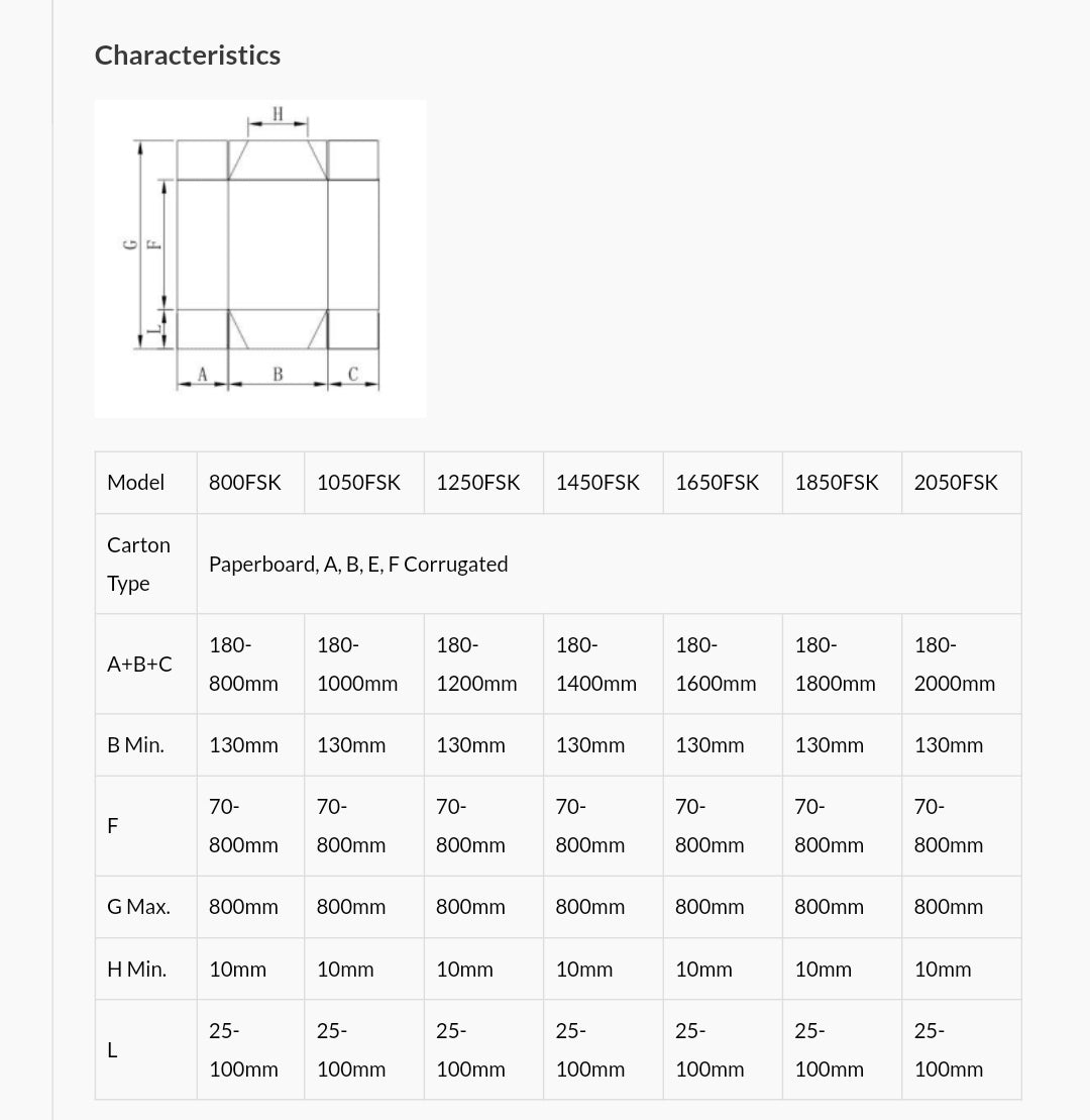 Technical diagram of a linear carton type with dimensions and a table showing model specifications for folder gluers.