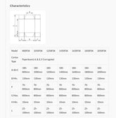 Technical diagram of a linear carton type with dimensions and a table showing model specifications for folder gluers.