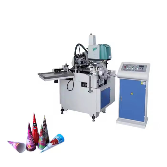 JDSSMC-220 automatic paper cone sleeve machine in white, with separate control cabinet and finished paper cones