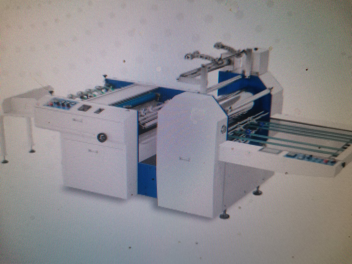 Semi-automatic industrial laminator machine with blue accents, showing feed and output trays.