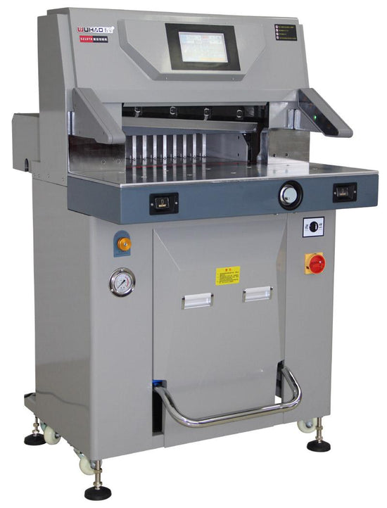 Full view of a grey industrial hydraulic guillotine machine, model WUHAO 7210P X, with a digital control screen.