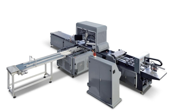 Full view of the JDSSJ-600YT automatic visual positioning and hardcover machine with conveyor belt system, on a white backgro