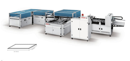 Full view of the JDS QFM-B automatic hardcover machine production line, white and blue industrial equipment.