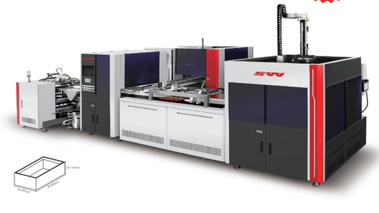 Full view of the JDS S600YZ/YSZ luxury box making machine in a modern industrial setting with red and white accents.
