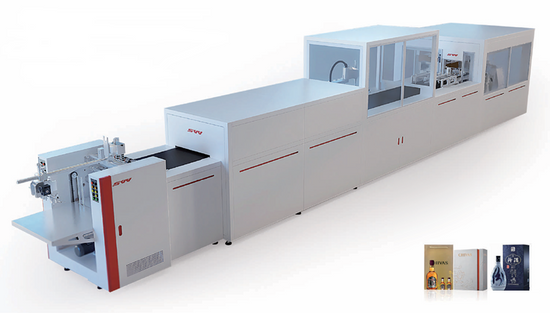 Long white industrial machine for luxury packaging production with red accents and SWV logo.
