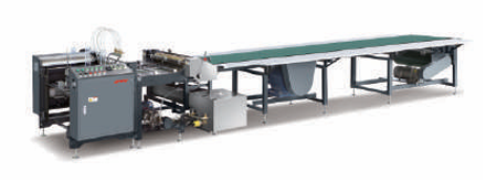 JDS FSJ C semi-automatic gluing machine with long green conveyor belt for rigid box production
